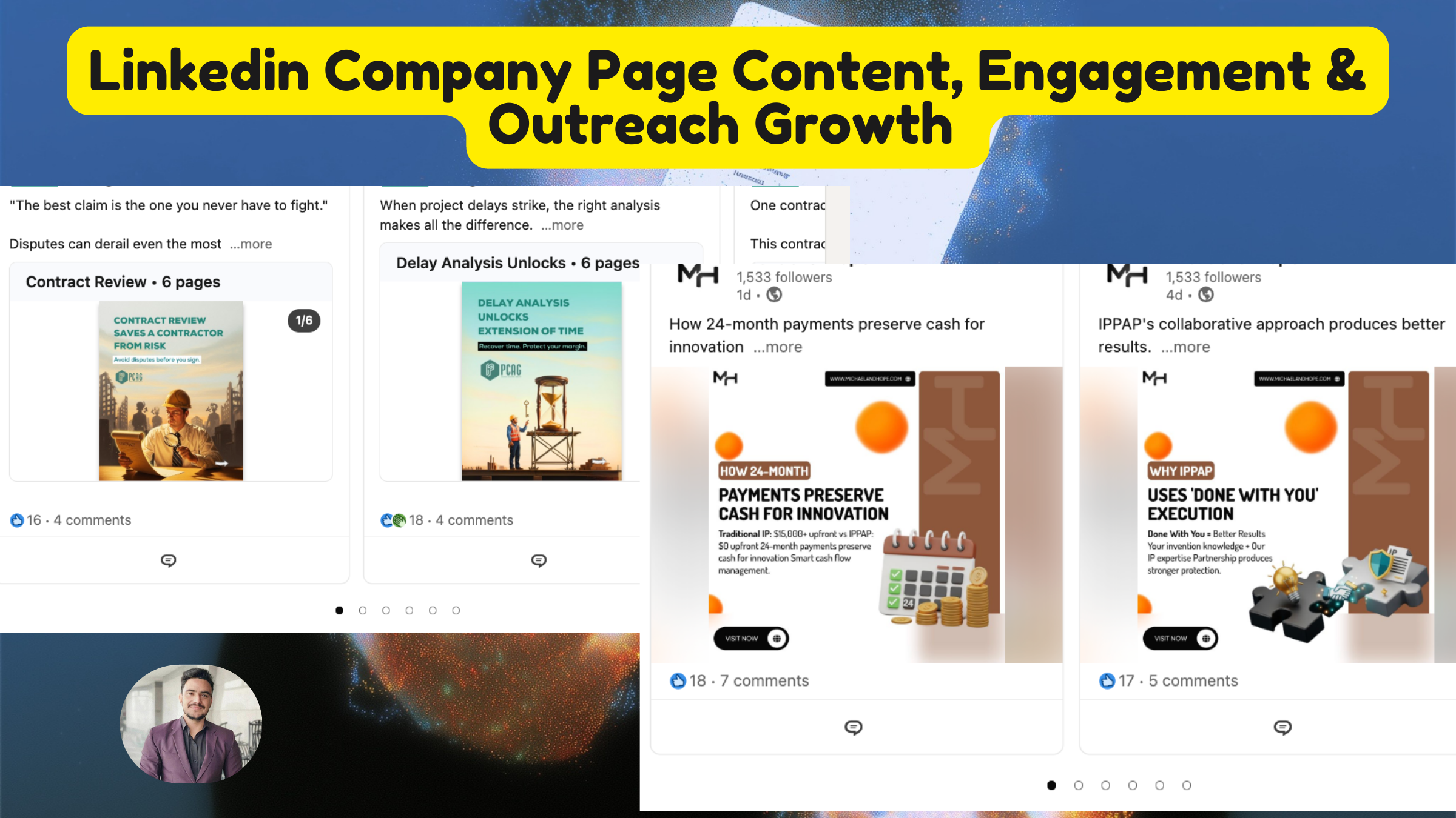 LinkedIn company page content, engagement and outreach growth for a professional services firm