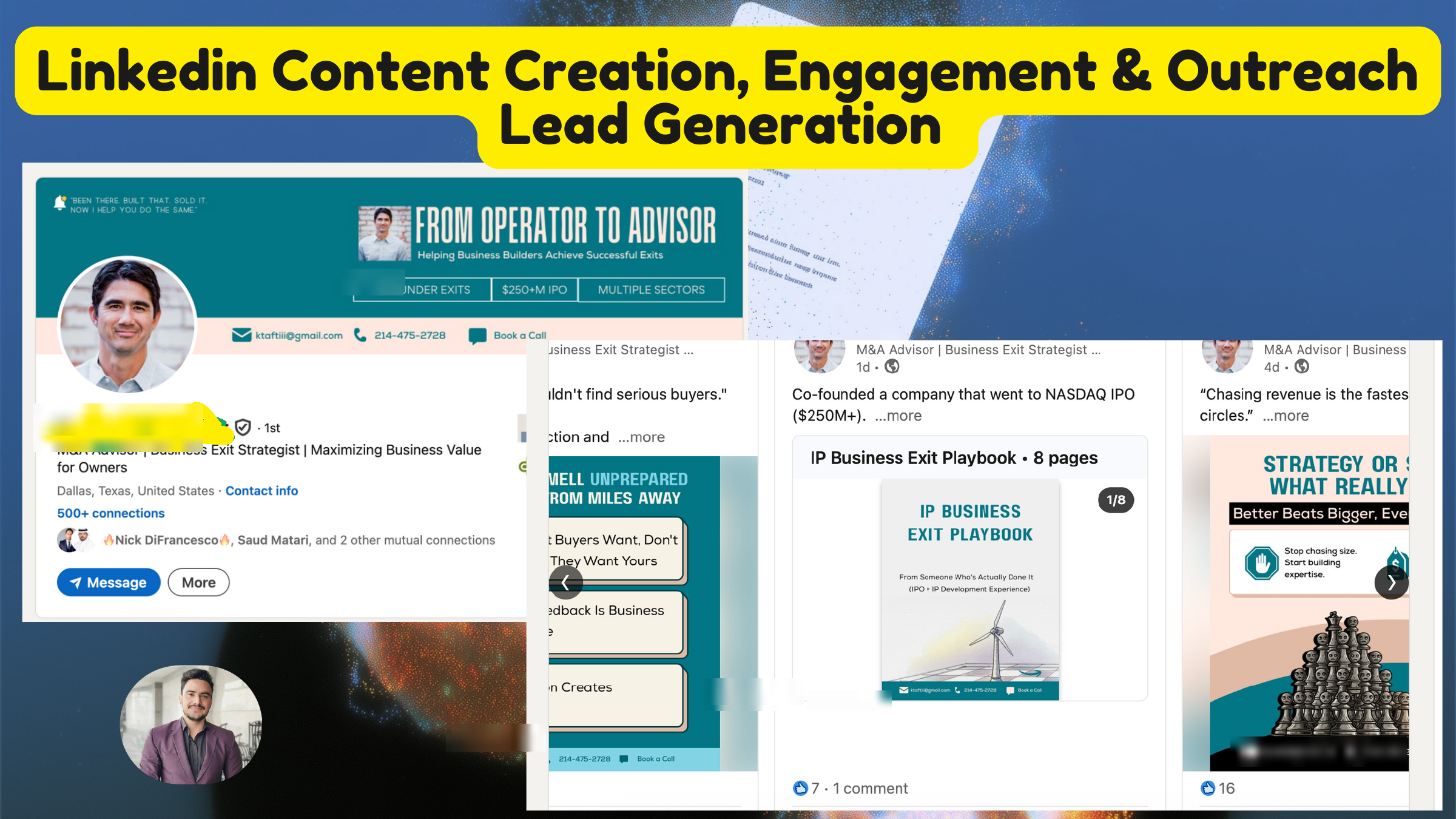 LinkedIn content creation, engagement and outreach lead generation for an M&A business exit advisor